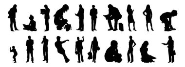 Vektör siluetleri, insanların ana hatları, Contour çizimleri, insanların siluetleri, ikon kümesi izole edilmiş, oturan insanların silueti, mimari set