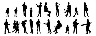 Vektör siluetleri, insanların ana hatları, Contour çizimleri, insanların siluetleri, ikon kümesi izole edilmiş, oturan insanların silueti, mimari set