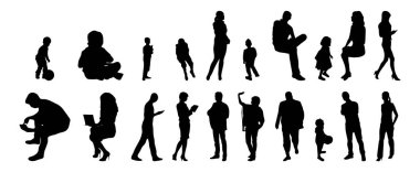 Vektör siluetleri, insanların ana hatları, Contour çizimleri, insanların siluetleri, ikon kümesi izole edilmiş, oturan insanların silueti, mimari set