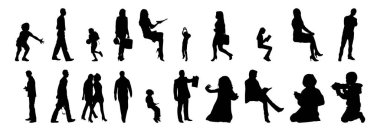 Vektör siluetleri, insanların ana hatları, Contour çizimleri, insanların siluetleri, ikon kümesi izole edilmiş, oturan insanların silueti, mimari set