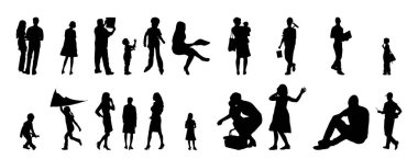 Vektör siluetleri, insanların ana hatları, Contour çizimleri, insanların siluetleri, ikon kümesi izole edilmiş, oturan insanların silueti, mimari set