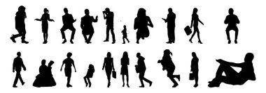 Vektör siluetleri, insanların ana hatları, Contour çizimleri, insanların siluetleri, ikon kümesi izole edilmiş, oturan insanların silueti, mimari set