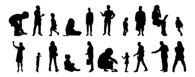 Vektör siluetleri, insanların ana hatları, Contour çizimleri, insanların siluetleri, ikon kümesi izole edilmiş, oturan insanların silueti, mimari set