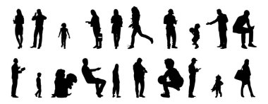 Vektör siluetleri, insanların ana hatları, Contour çizimleri, insanların siluetleri, ikon kümesi izole edilmiş, oturan insanların silueti, mimari set