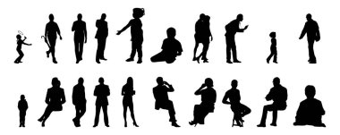 Vektör siluetleri, insanların ana hatları, Contour çizimleri, insanların siluetleri, ikon kümesi izole edilmiş, oturan insanların silueti, mimari set