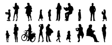 Vektör siluetleri, insanların ana hatları, Contour çizimleri, insanların siluetleri, ikon kümesi izole edilmiş, oturan insanların silueti, mimari set