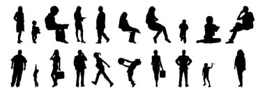 Vektör siluetleri, insanların ana hatları, Contour çizimleri, insanların siluetleri, ikon kümesi izole edilmiş, oturan insanların silueti, mimari set