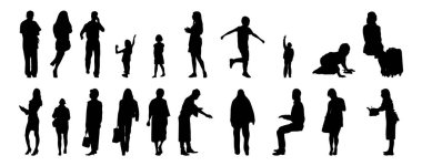 Vektör siluetleri, insanların ana hatları, Contour çizimleri, insanların siluetleri, ikon kümesi izole edilmiş, oturan insanların silueti, mimari set