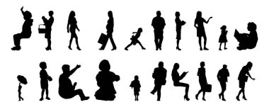 Vektör siluetleri, insanların ana hatları, Contour çizimleri, insanların siluetleri, ikon kümesi izole edilmiş, oturan insanların silueti, mimari set