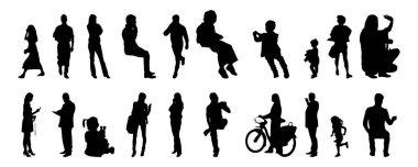 Vektör siluetleri, insanların ana hatları, Contour çizimleri, insanların siluetleri, ikon kümesi izole edilmiş, oturan insanların silueti, mimari set