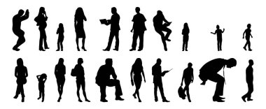 Vektör siluetleri, insanların ana hatları, Contour çizimleri, insanların siluetleri, ikon kümesi izole edilmiş, oturan insanların silueti, mimari set