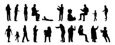 Vektör siluetleri, insanların ana hatları, Contour çizimleri, insanların siluetleri, ikon kümesi izole edilmiş, oturan insanların silueti, mimari set