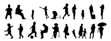 Vektör siluetleri, insanların ana hatları, Contour çizimleri, insanların siluetleri, ikon kümesi izole edilmiş, oturan insanların silueti, mimari set