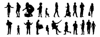 Vektör siluetleri, insanların ana hatları, Contour çizimleri, insanların siluetleri, ikon kümesi izole edilmiş, oturan insanların silueti, mimari set