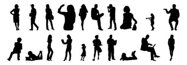 Vektör siluetleri, insanların ana hatları, Contour çizimleri, insanların siluetleri, ikon kümesi izole edilmiş, oturan insanların silueti, mimari set