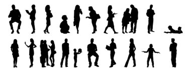 Vektör siluetleri, insanların ana hatları, Contour çizimleri, insanların siluetleri, ikon kümesi izole edilmiş, oturan insanların silueti, mimari set
