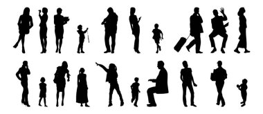Vektör siluetleri, insanların ana hatları, Contour çizimleri, insanların siluetleri, ikon kümesi izole edilmiş, oturan insanların silueti, mimari set
