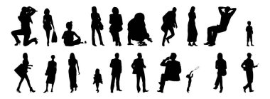 Vektör siluetleri, insanların ana hatları, Contour çizimleri, insanların siluetleri, ikon kümesi izole edilmiş, oturan insanların silueti, mimari set