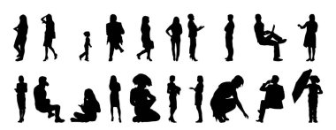 Vektör siluetleri, insanların ana hatları, Contour çizimleri, insanların siluetleri, ikon kümesi izole edilmiş, oturan insanların silueti, mimari set