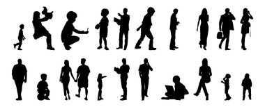 Vektör siluetleri, insanların ana hatları, Contour çizimleri, insanların siluetleri, ikon kümesi izole edilmiş, oturan insanların silueti, mimari set