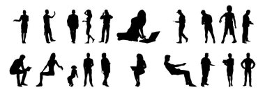 Vektör siluetleri, insanların ana hatları, Contour çizimleri, insanların siluetleri, ikon kümesi izole edilmiş, oturan insanların silueti, mimari set