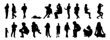 Vektör siluetleri, insanların ana hatları, Contour çizimleri, insanların siluetleri, ikon kümesi izole edilmiş, oturan insanların silueti, mimari set