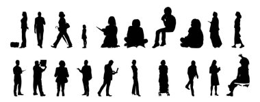 Vektör siluetleri, insanların ana hatları, Contour çizimleri, insanların siluetleri, ikon kümesi izole edilmiş, oturan insanların silueti, mimari set