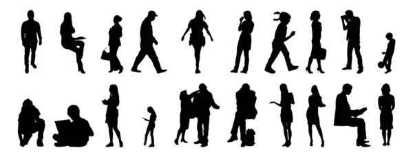 Vektör siluetleri, insanların ana hatları, Contour çizimleri, insanların siluetleri, ikon kümesi izole edilmiş, oturan insanların silueti, mimari set