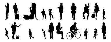 Vektör siluetleri, insanların ana hatları, Contour çizimleri, insanların siluetleri, ikon kümesi izole edilmiş, oturan insanların silueti, mimari set