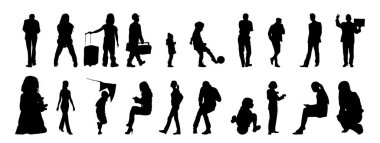 Vektör siluetleri, insanların ana hatları, Contour çizimleri, insanların siluetleri, ikon kümesi izole edilmiş, oturan insanların silueti, mimari set