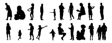 Vektör siluetleri, insanların ana hatları, Contour çizimleri, insanların siluetleri, ikon kümesi izole edilmiş, oturan insanların silueti, mimari set