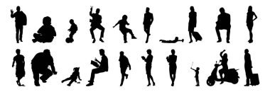 Vektör siluetleri, insanların ana hatları, Contour çizimleri, insanların siluetleri, ikon kümesi izole edilmiş, oturan insanların silueti, mimari set