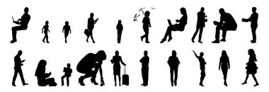 Vektör siluetleri, insanların ana hatları, Contour çizimleri, insanların siluetleri, ikon kümesi izole edilmiş, oturan insanların silueti, mimari set