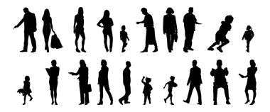 Vektör siluetleri, insanların ana hatları, Contour çizimleri, insanların siluetleri, ikon kümesi izole edilmiş, oturan insanların silueti, mimari set