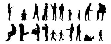 Vektör siluetleri, insanların ana hatları, Contour çizimleri, insanların siluetleri, ikon kümesi izole edilmiş, oturan insanların silueti, mimari set