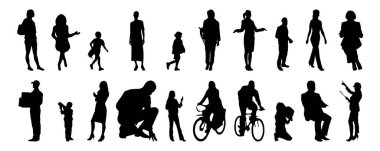 Vektör siluetleri, insanların ana hatları, Contour çizimleri, insanların siluetleri, ikon kümesi izole edilmiş, oturan insanların silueti, mimari set