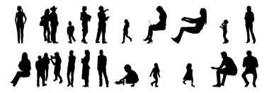 Vektör siluetleri, insanların ana hatları, Contour çizimleri, insanların siluetleri, ikon kümesi izole edilmiş, oturan insanların silueti, mimari set