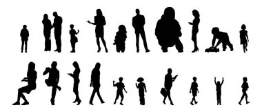 Vektör siluetleri, insanların ana hatları, Contour çizimleri, insanların siluetleri, ikon kümesi izole edilmiş, oturan insanların silueti, mimari set