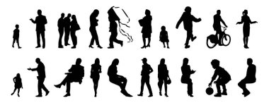 Vektör siluetleri, insanların ana hatları, Contour çizimleri, insanların siluetleri, ikon kümesi izole edilmiş, oturan insanların silueti, mimari set
