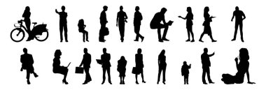 Vektör siluetleri, insanların ana hatları, Contour çizimleri, insanların siluetleri, ikon kümesi izole edilmiş, oturan insanların silueti, mimari set
