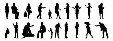Vektör siluetleri, insanların ana hatları, Contour çizimleri, insanların siluetleri, ikon kümesi izole edilmiş, oturan insanların silueti, mimari set