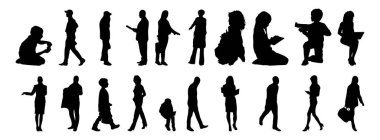 Vektör siluetleri, insanların ana hatları, Contour çizimleri, insanların siluetleri, ikon kümesi izole edilmiş, oturan insanların silueti, mimari set