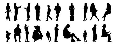 Vektör siluetleri, insanların ana hatları, Contour çizimleri, insanların siluetleri, ikon kümesi izole edilmiş, oturan insanların silueti, mimari set