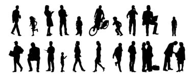 Vektör siluetleri, insanların ana hatları, Contour çizimleri, insanların siluetleri, ikon kümesi izole edilmiş, oturan insanların silueti, mimari set