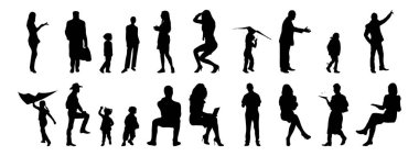 Vektör siluetleri, insanların ana hatları, Contour çizimleri, insanların siluetleri, ikon kümesi izole edilmiş, oturan insanların silueti, mimari set