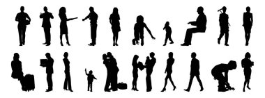 Vektör siluetleri, insanların ana hatları, Contour çizimleri, insanların siluetleri, ikon kümesi izole edilmiş, oturan insanların silueti, mimari set