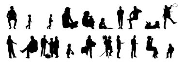 Vektör siluetleri, insanların ana hatları, Contour çizimleri, insanların siluetleri, ikon kümesi izole edilmiş, oturan insanların silueti, mimari set