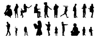 Vektör siluetleri, insanların ana hatları, Contour çizimleri, insanların siluetleri, ikon kümesi izole edilmiş, oturan insanların silueti, mimari set