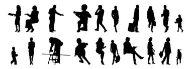 Vektör siluetleri, insanların ana hatları, Contour çizimleri, insanların siluetleri, ikon kümesi izole edilmiş, oturan insanların silueti, mimari set