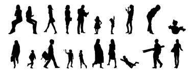 Vektör siluetleri, insanların ana hatları, Contour çizimleri, insanların siluetleri, ikon kümesi izole edilmiş, oturan insanların silueti, mimari set